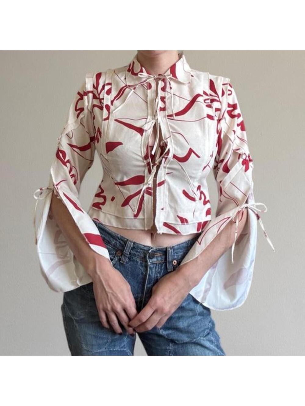 Moussy cropped tie-up print blouse